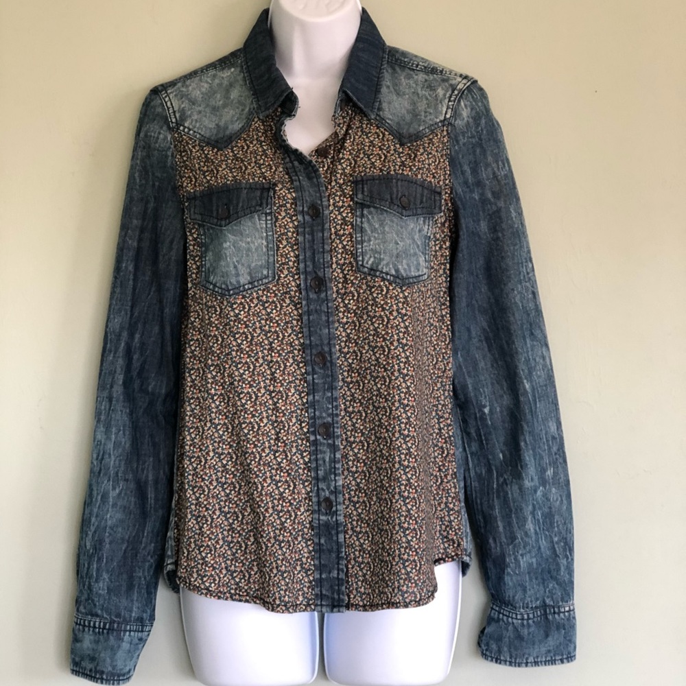 Mudd denim and print long sleeve shirt